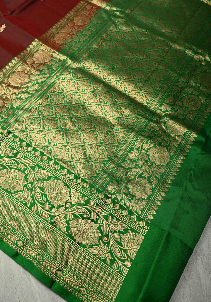 Burgandy Banarasi Katan Silk Saree with Floral Zari Buttas and Contrast Zari Border | SILK MARK CERTIFIED