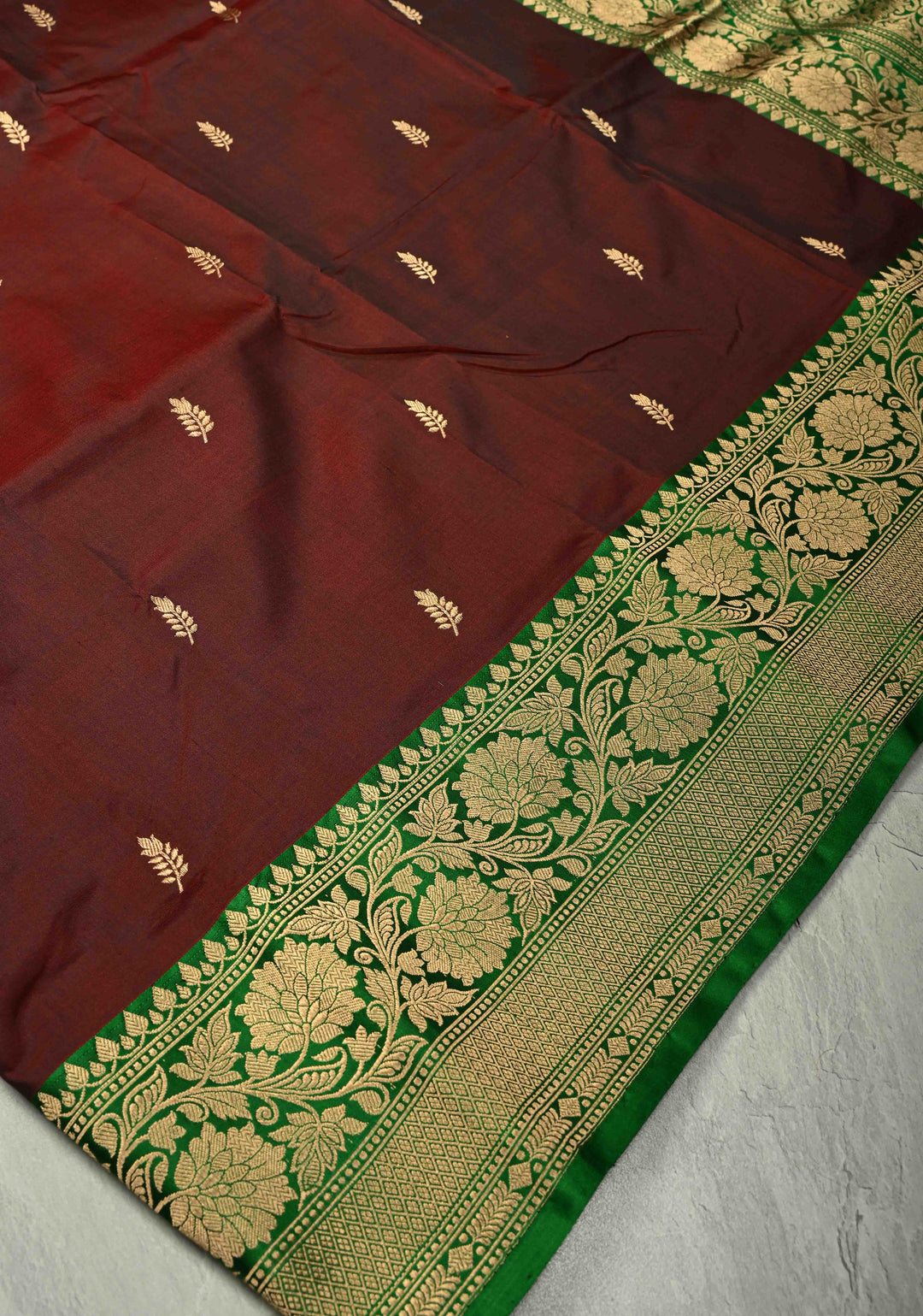Burgandy Banarasi Katan Silk Saree with Floral Zari Buttas and Contrast Zari Border | SILK MARK CERTIFIED
