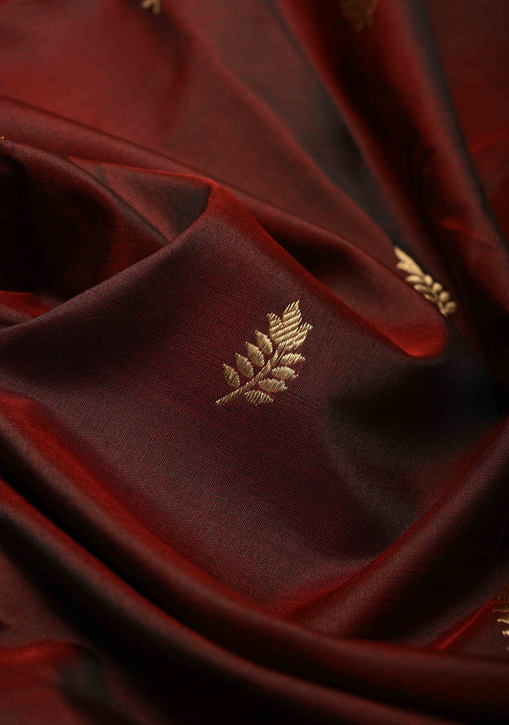 Burgandy Banarasi Katan Silk Saree with Floral Zari Buttas and Contrast Zari Border | SILK MARK CERTIFIED