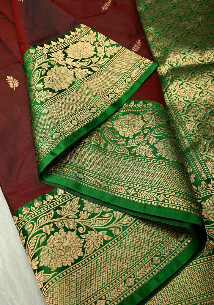 Burgandy Banarasi Katan Silk Saree with Floral Zari Buttas and Contrast Zari Border | SILK MARK CERTIFIED