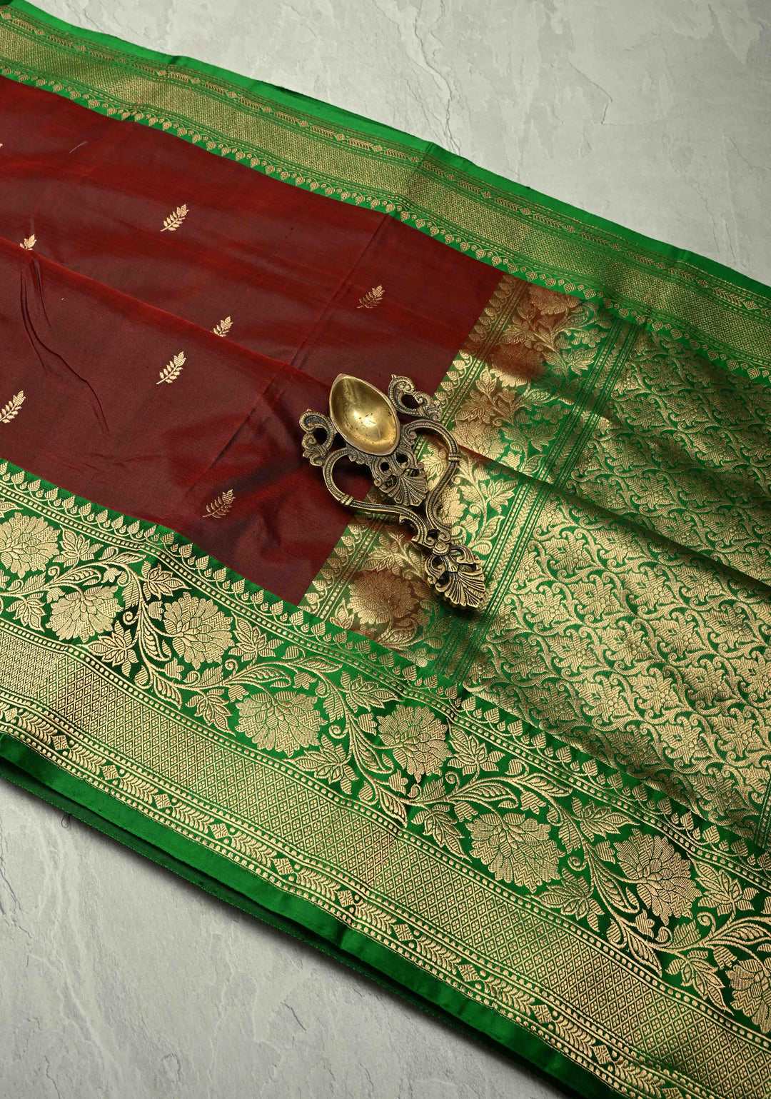 Burgandy Banarasi Katan Silk Saree with Floral Zari Buttas and Contrast Zari Border | SILK MARK CERTIFIED