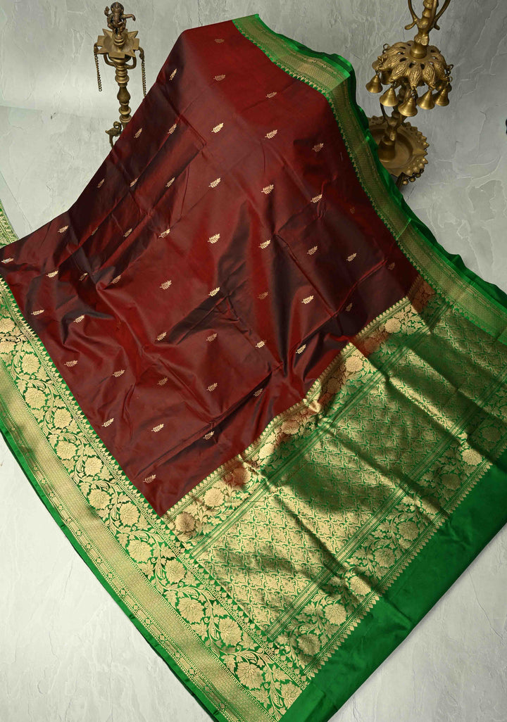 Burgandy Banarasi Katan Silk Saree with Floral Zari Buttas and Contrast Zari Border | SILK MARK CERTIFIED