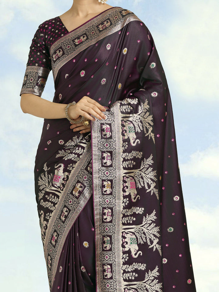 Wine Woven Banarasi Satin Silk Saree | SHOBITAM