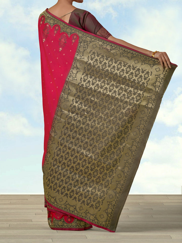 Pink Semi Banarasi Silk Blend Saree with Zari Woven Work | SHOBITAM