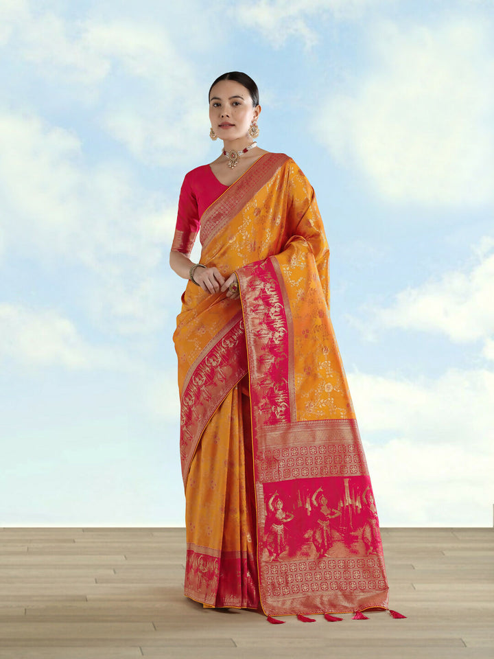 Orange Banarasi Semi Silk Saree With Zari Woven Design | SHOBITAM