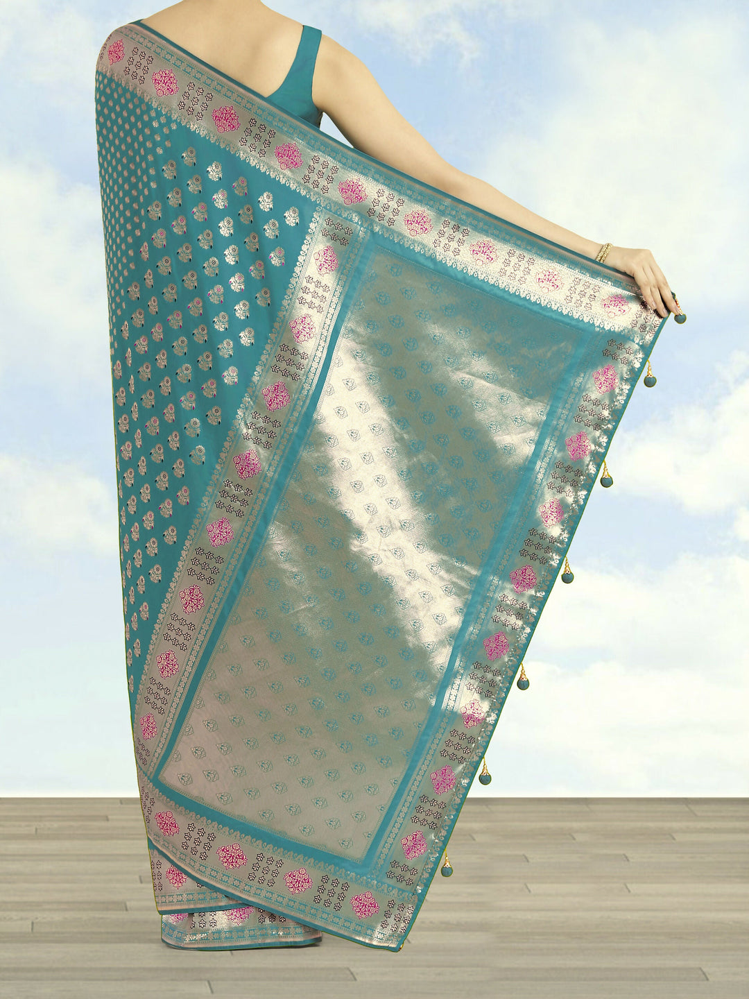 Cyan blue Colour Banarasi Satin  Silk Zari Weaving Saree | SHOBITAM