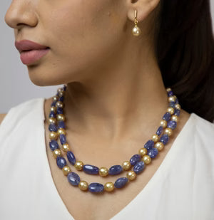 Natural Tanzanite Beads and 8.0-9.0mm Golden South Sea Pearls Necklace Set - A Quality | SHOBITAM