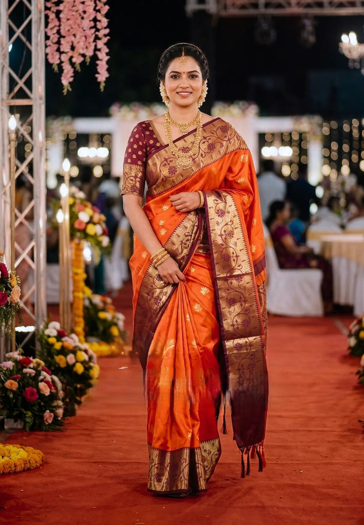 Sunset Orange Semi Silk Kanchi Saree with Paithani Style Borders
