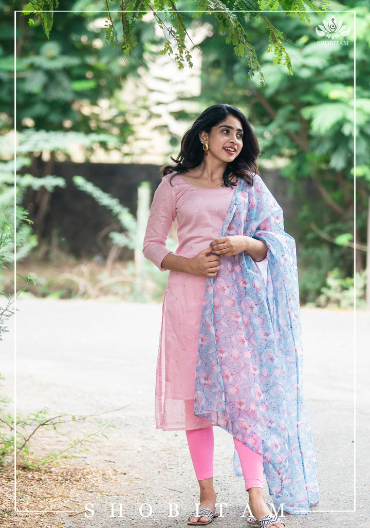 Aahila Pink sequins kurti with blue Floral organza Dupatta No Bottom | Ready to ship