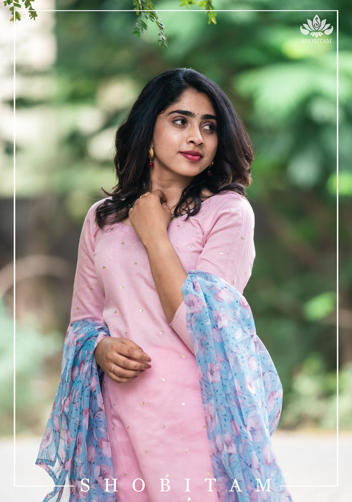 Aahila Pink sequins kurti with blue Floral organza Dupatta No Bottom | Ready to ship