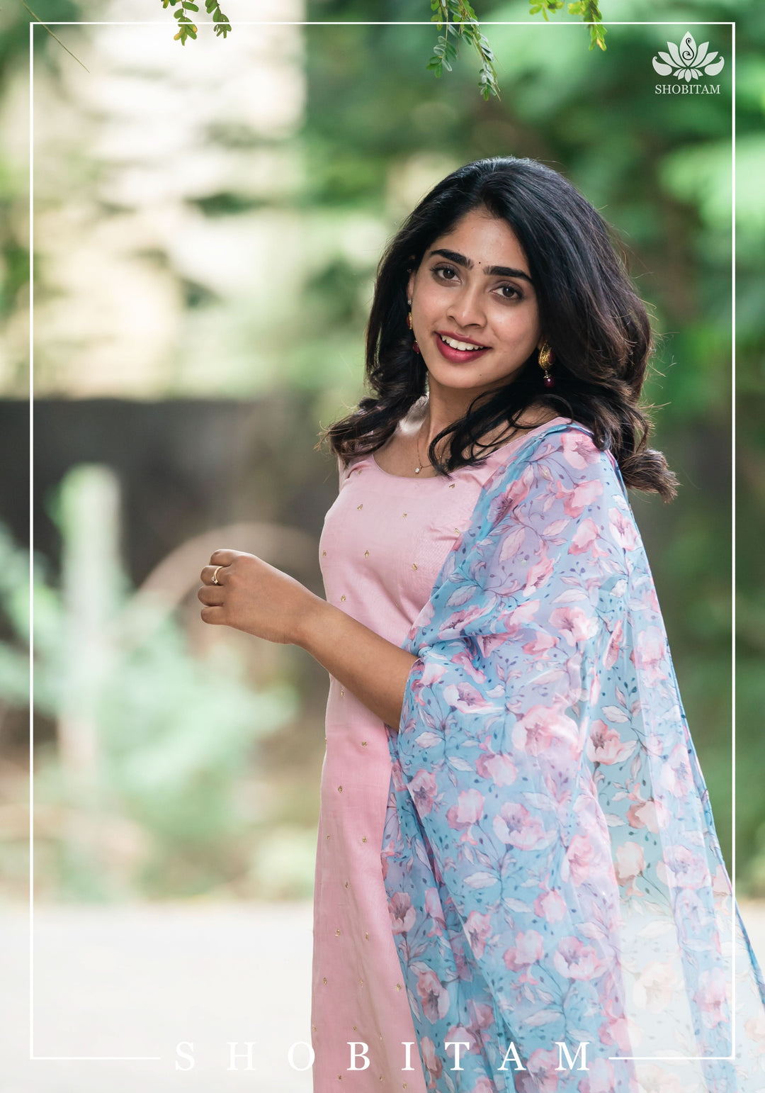 Aahila Pink sequins kurti with blue Floral organza Dupatta No Bottom | Ready to ship