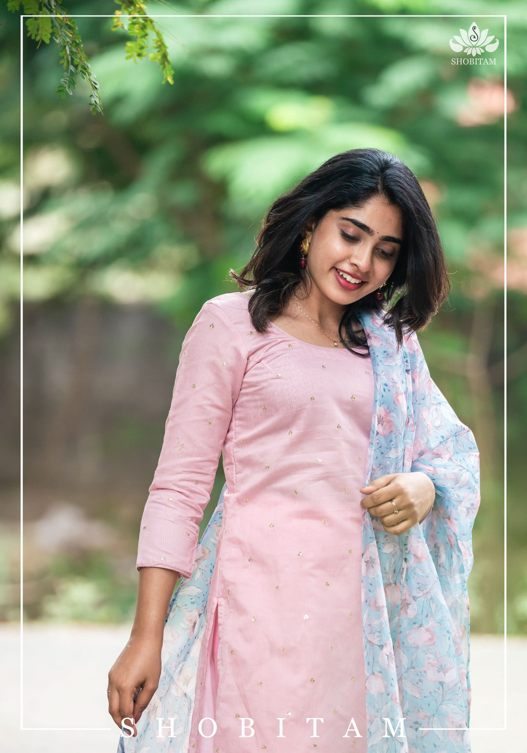 Aahila Pink sequins kurti with blue Floral organza Dupatta No Bottom | Ready to ship