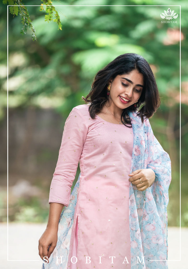 Aahila Pink sequins kurti with blue Floral organza Dupatta No Bottom | Ready to ship