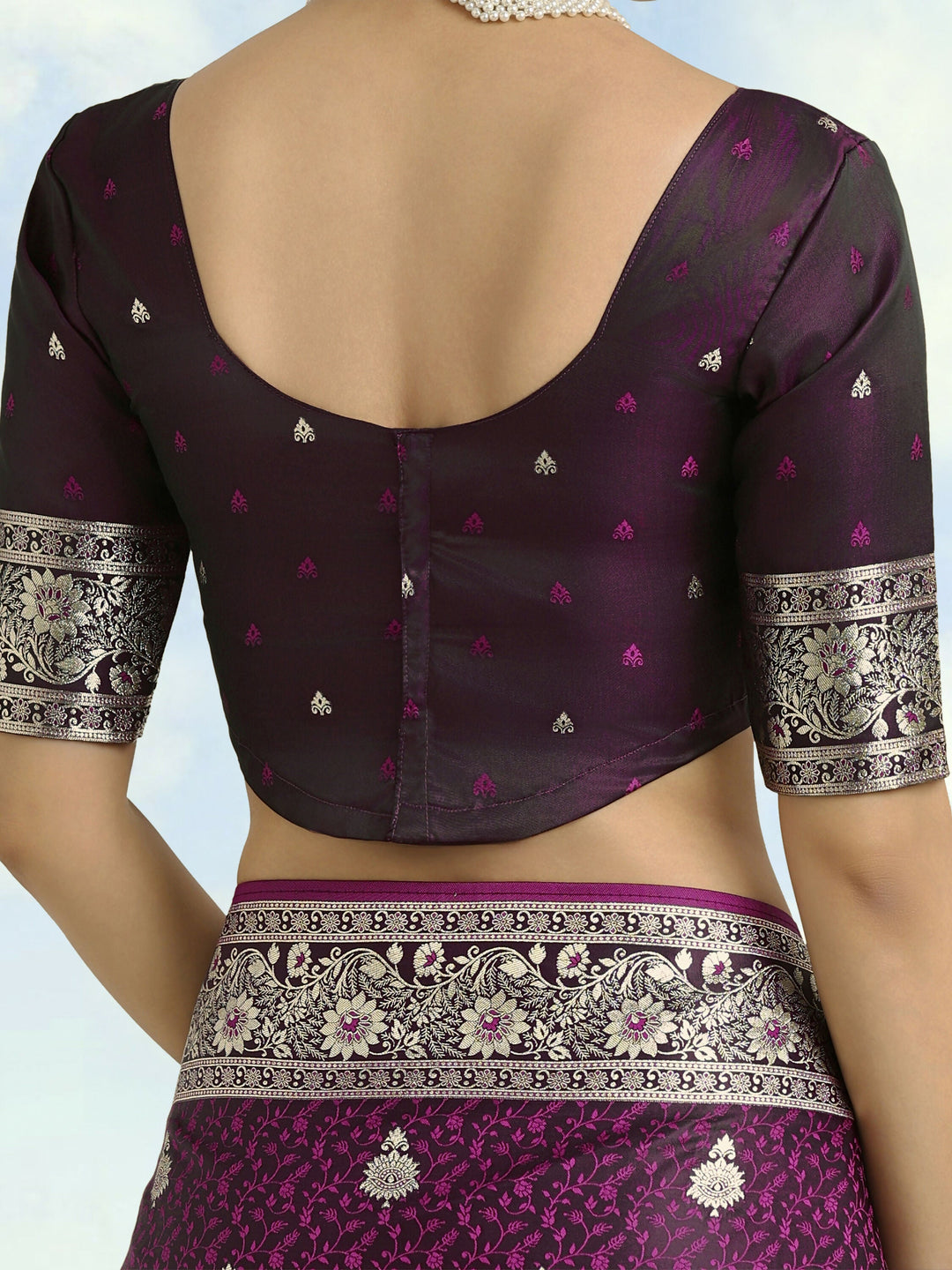 Wine Banarasi Satin Silk Saree | SHOBITAM