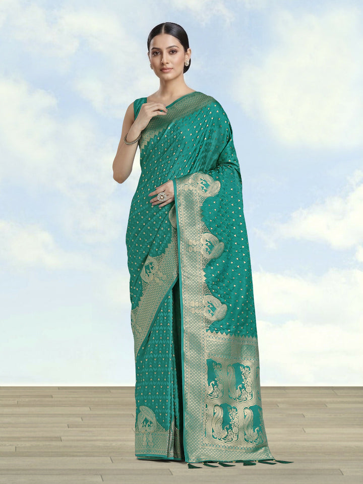 Turquoise Woven Banarasi Satin Silk Saree | SHOBITAM