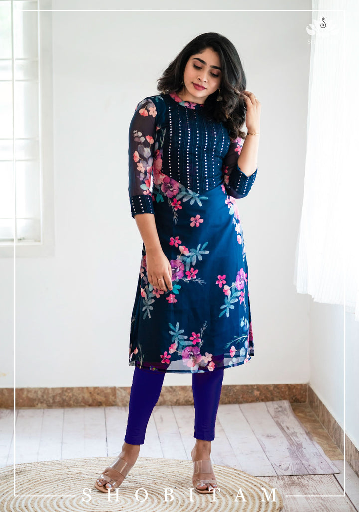 Ahaana blue floral kurti | Shobitam Custom Gowns and Sets | Made To Order