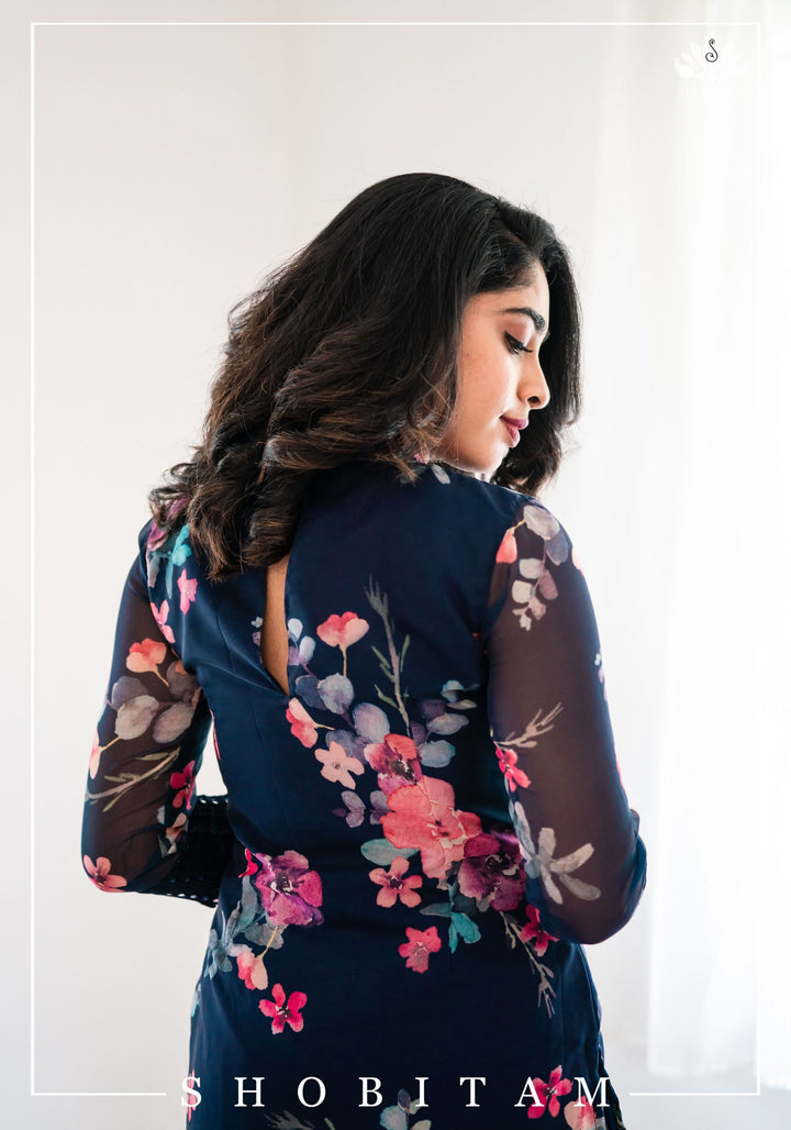 Ahaana blue floral kurti | Shobitam Custom Gowns and Sets | Made To Order