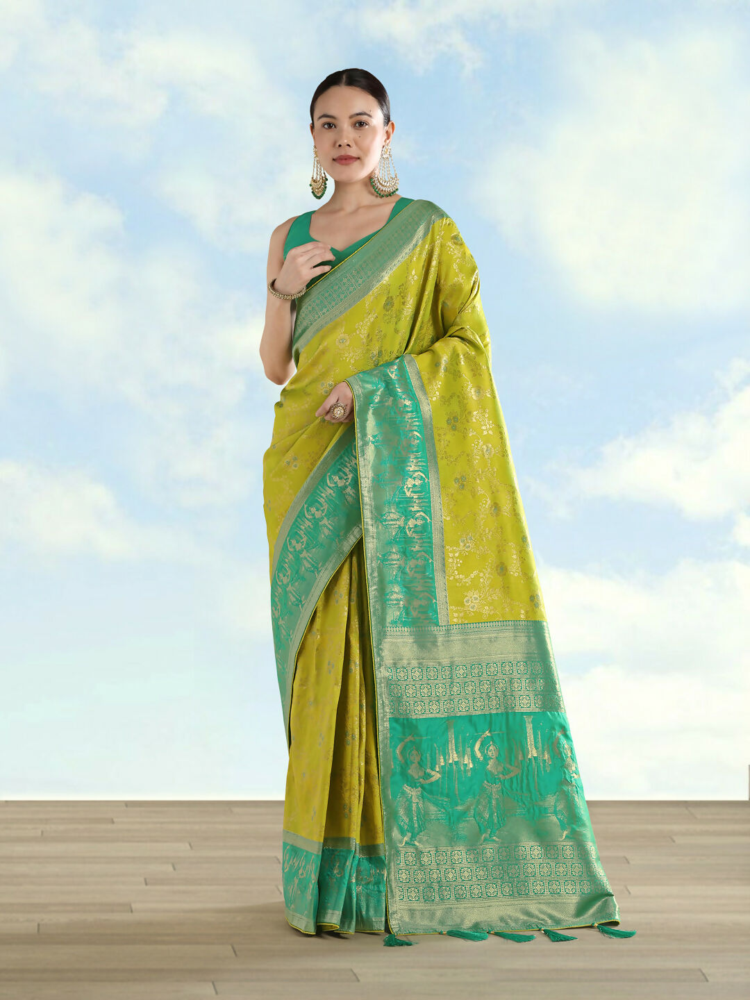 Pear Banarasi Semi Silk Saree With Zari Woven Design | SHOBITAM