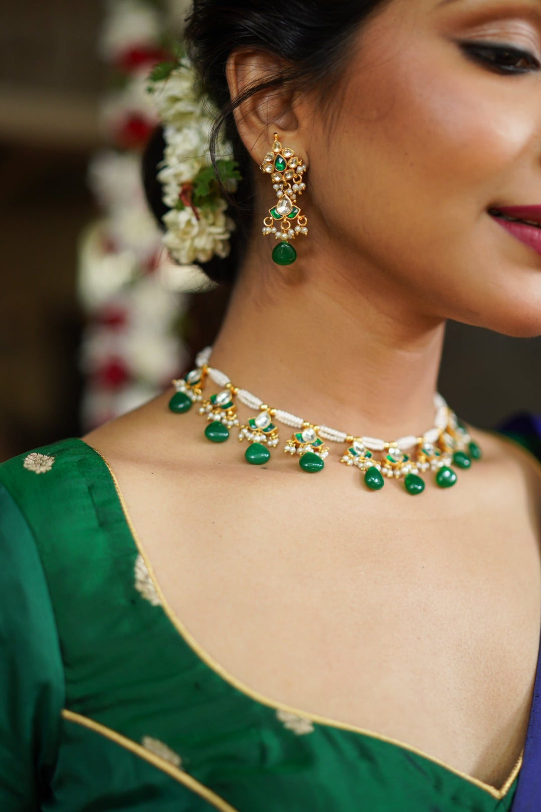 Lightweight Jadau Necklace Set with eleven dangling Green and white  kemp units and matching earrings I Shobitam Jewelry
