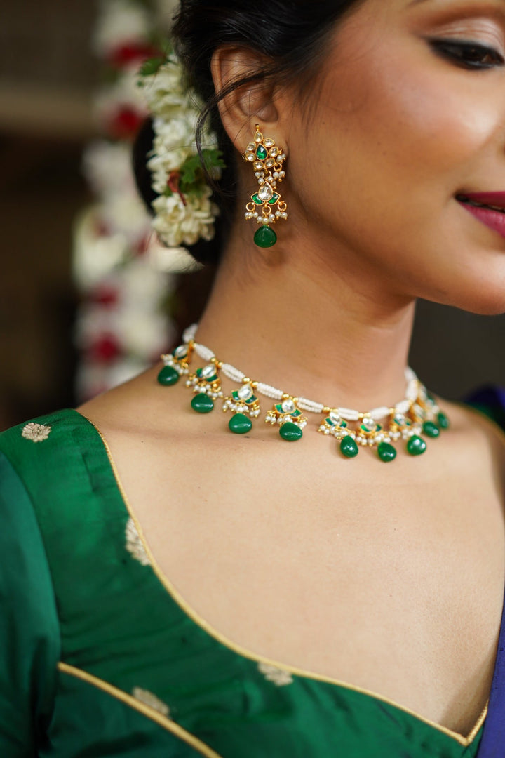 Lightweight Jadau Necklace Set with eleven dangling Green and white  kemp units and matching earrings I Shobitam Jewelry