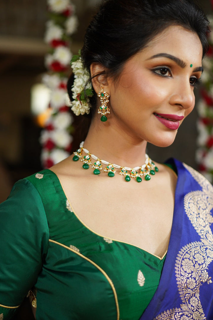 Lightweight Jadau Necklace Set with eleven dangling Green and white  kemp units and matching earrings I Shobitam Jewelry