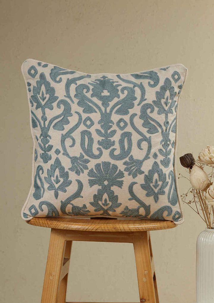 Amelia Teal Embroidered 100% Cotton Cushion Cover For Sofa | SHOBITAM
