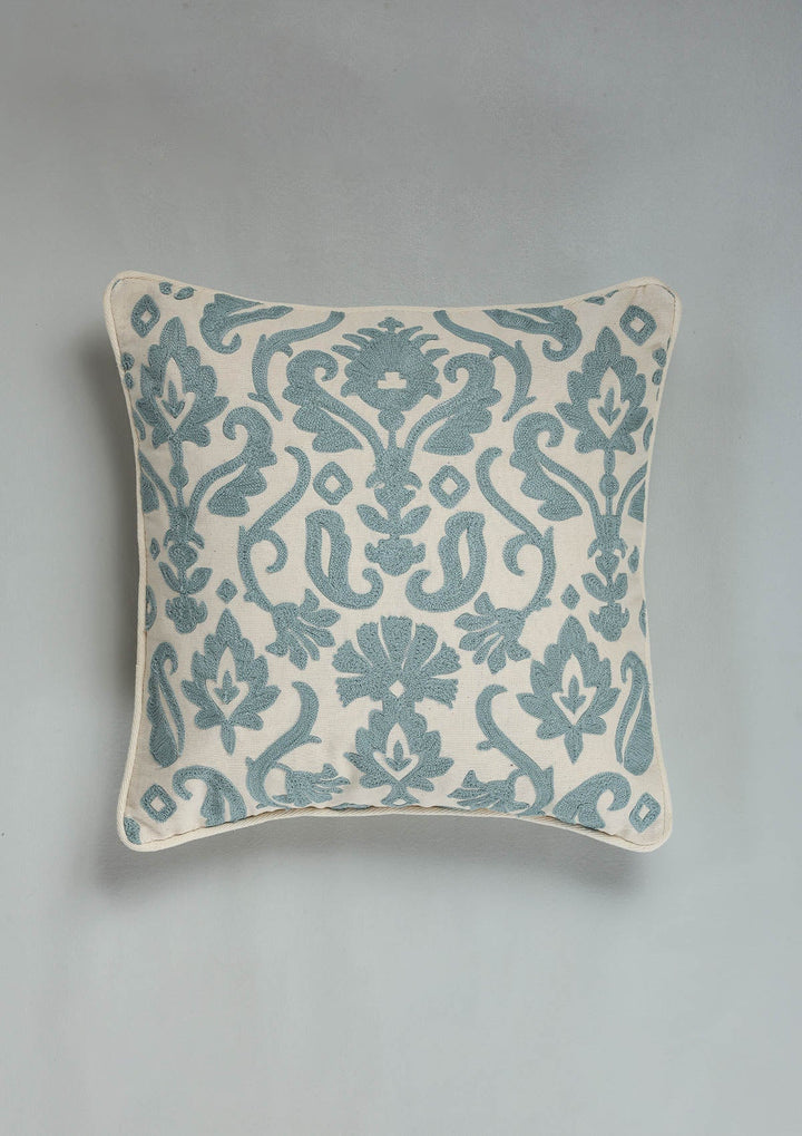 Amelia Teal Embroidered 100% Cotton Cushion Cover For Sofa | SHOBITAM