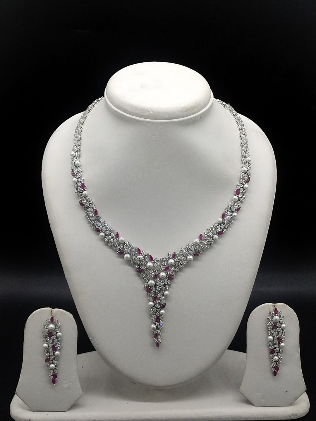 American Diamond V-Shape Necklace Set – Red Stone Designer Jewellery