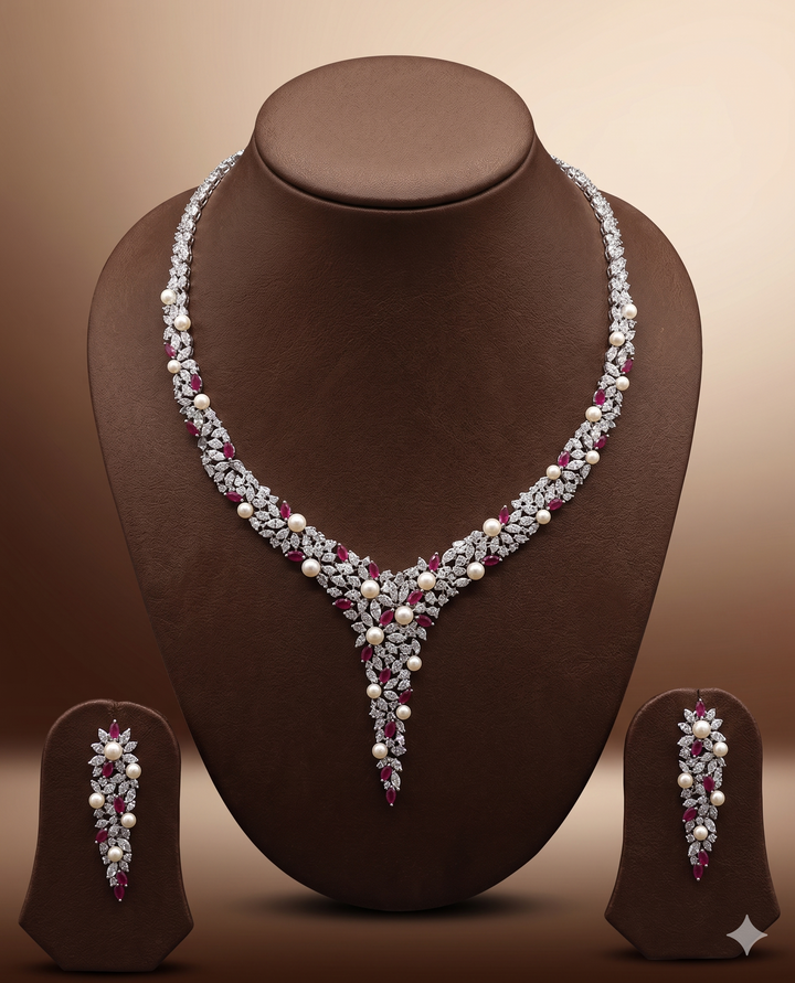 American Diamond V-Shape Necklace Set – Red Stone Designer Jewellery