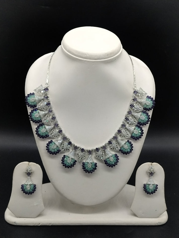 American Diamond Fan Design Necklace Set– Teal & Blue Designer Jewellery | SHOBITAM