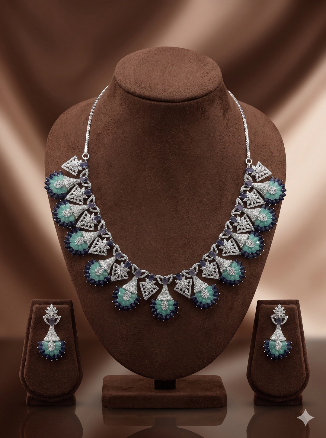 American Diamond Fan Design Necklace Set– Teal & Blue Designer Jewellery | SHOBITAM