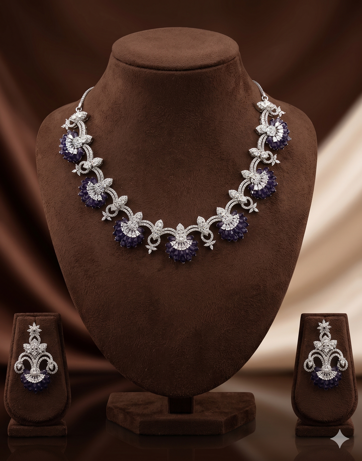 American Diamond Floral Necklace Set – Blue Stone Designer Jewellery | SHOBITAM