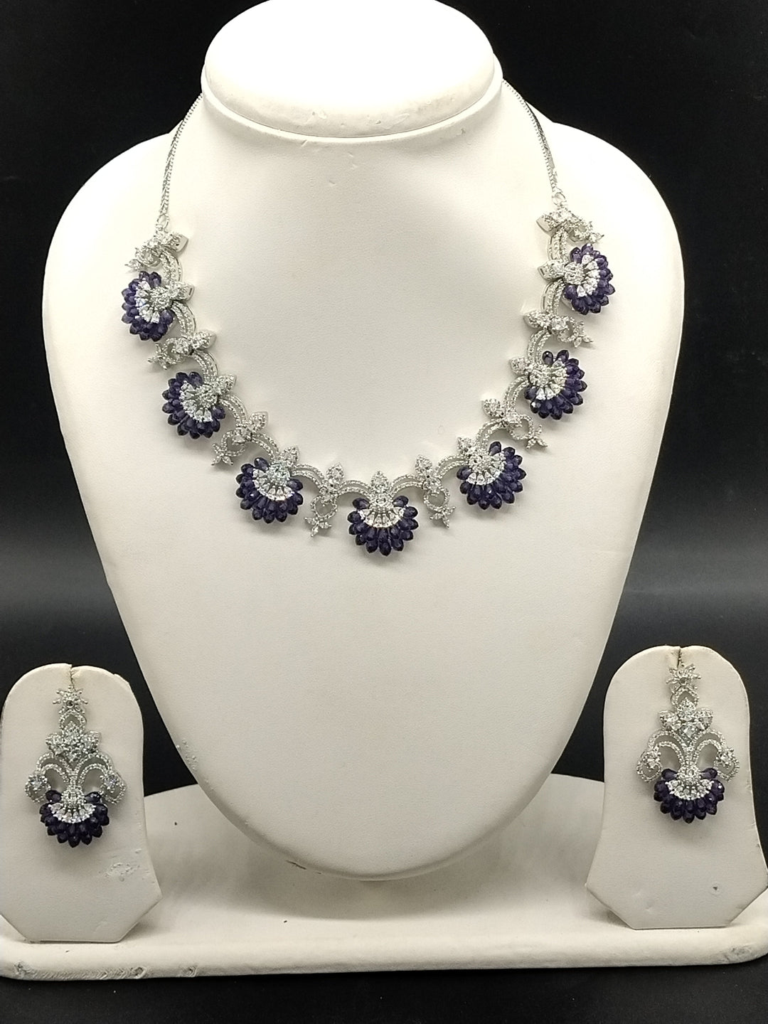 American Diamond Floral Necklace Set – Blue Stone Designer Jewellery | SHOBITAM