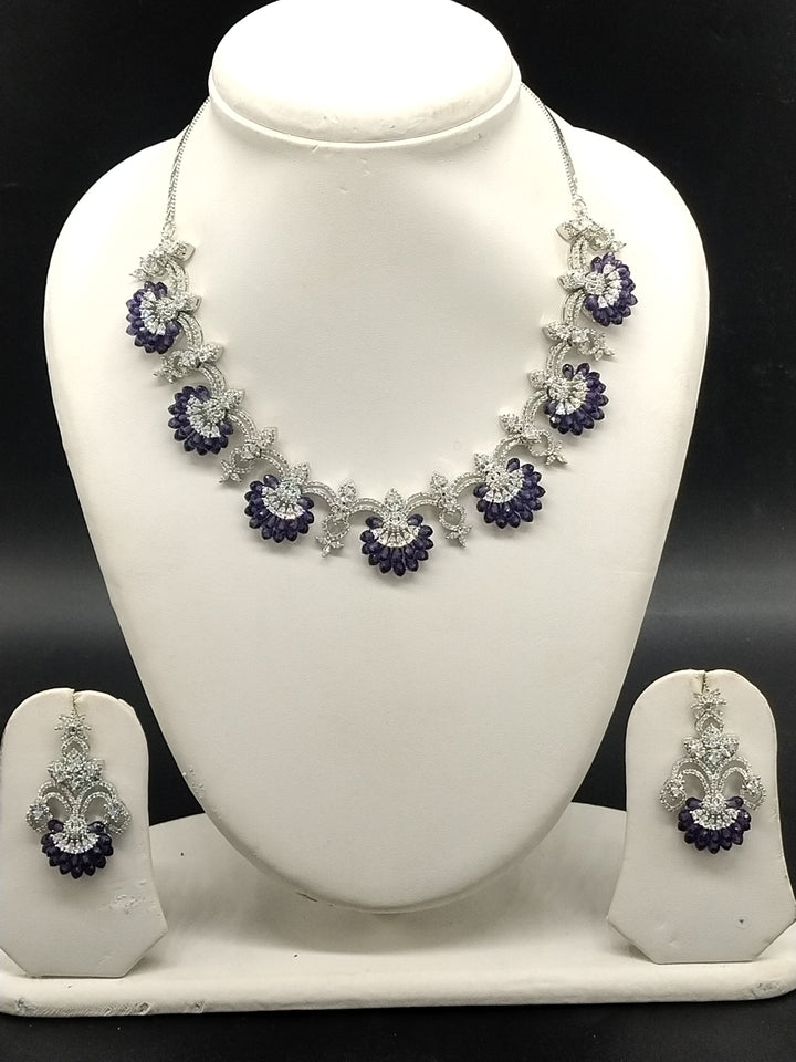 American Diamond Floral Necklace Set – Blue Stone Designer Jewellery | SHOBITAM