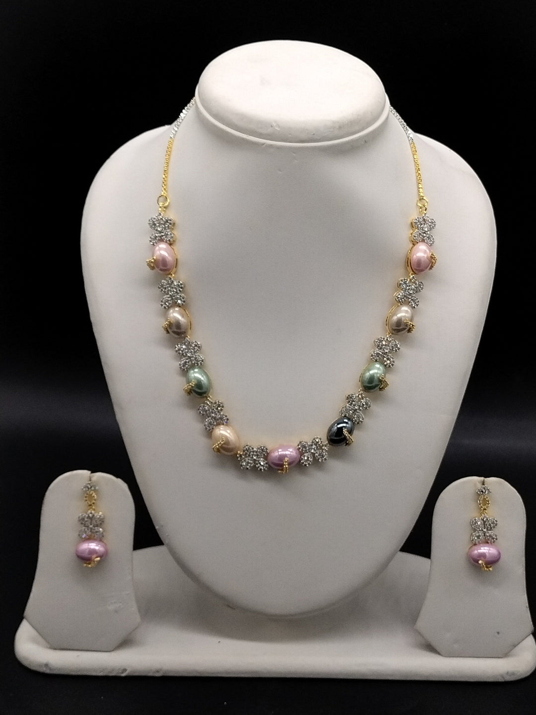 American Diamond Multi Colour Pearl Necklace Set – Floral Designer Jewellery | SHOBITAM