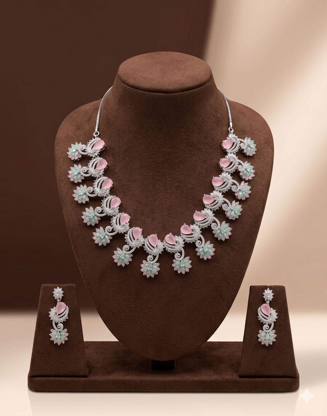 American Diamond Pastel Bib Necklace Set – Pink & Green Designer Jewellery | SHOBITAM