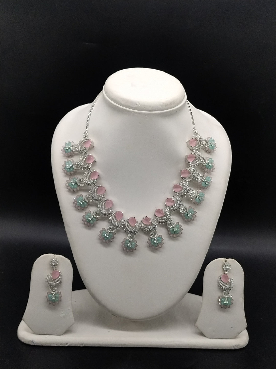 American Diamond Pastel Bib Necklace Set – Pink & Green Designer Jewellery | SHOBITAM