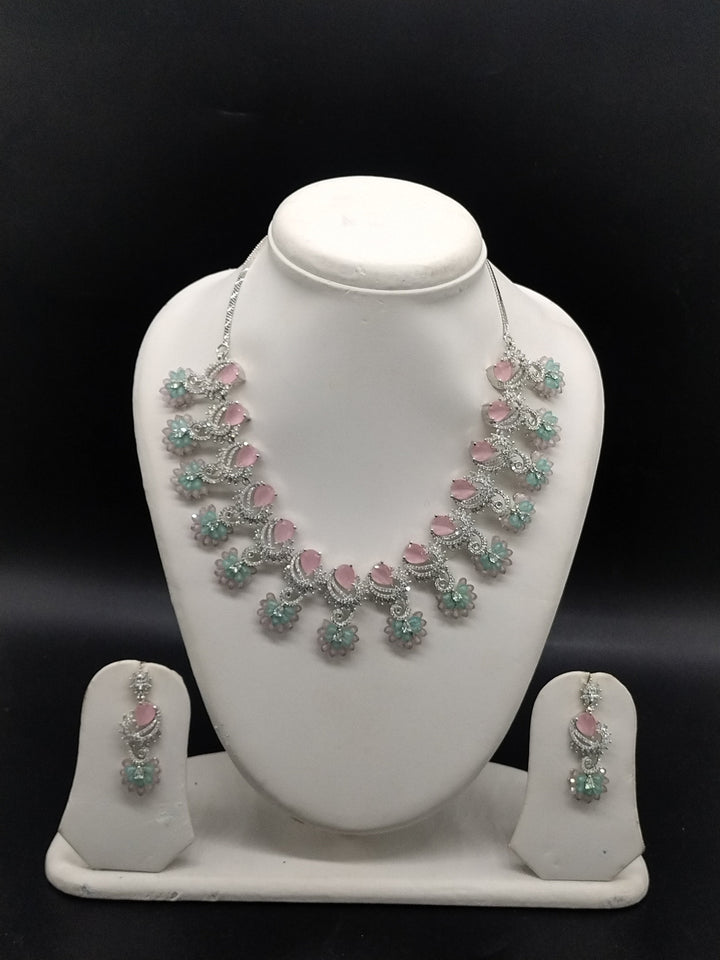 American Diamond Pastel Bib Necklace Set – Pink & Green Designer Jewellery | SHOBITAM