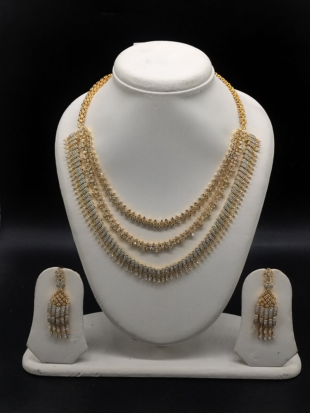 American Diamond Layered Necklace Set – Elegant Three Layer Designer Jewellery | SHOBITAM