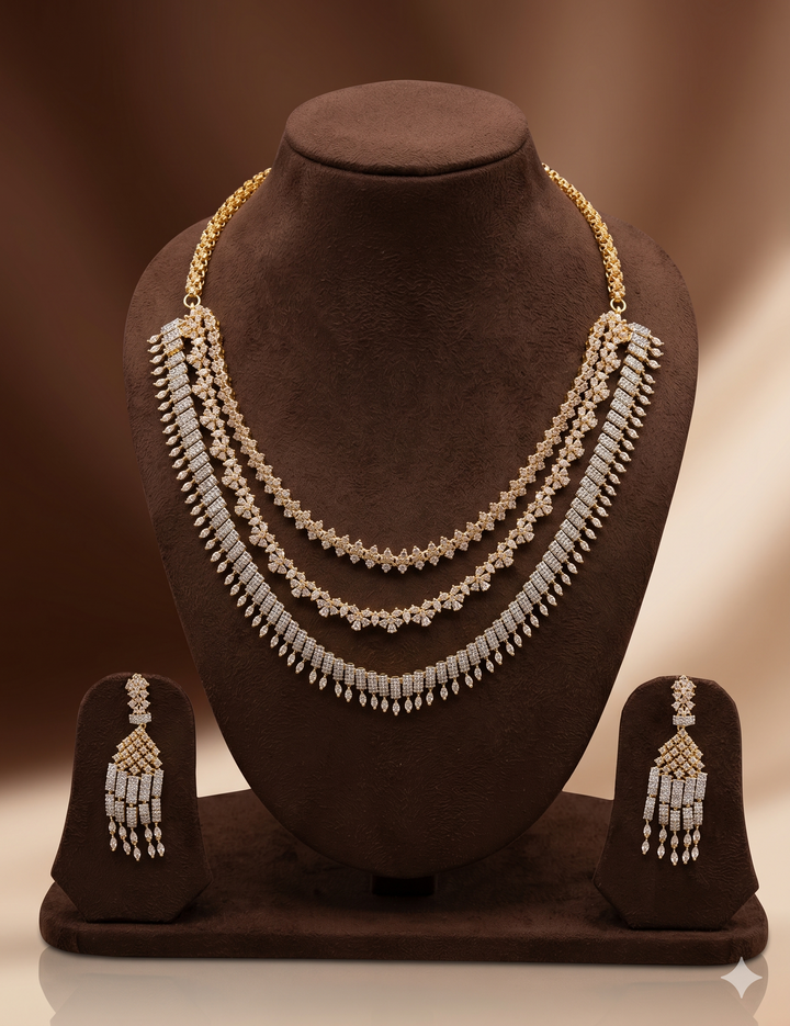 American Diamond Layered Necklace Set – Elegant Three Layer Designer Jewellery | SHOBITAM