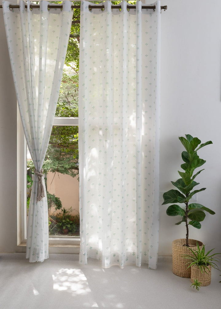Aniseed Nile Blue 100% cotton floral sheer curtain for living room - Light filtering - Single Piece | SHOBITAM