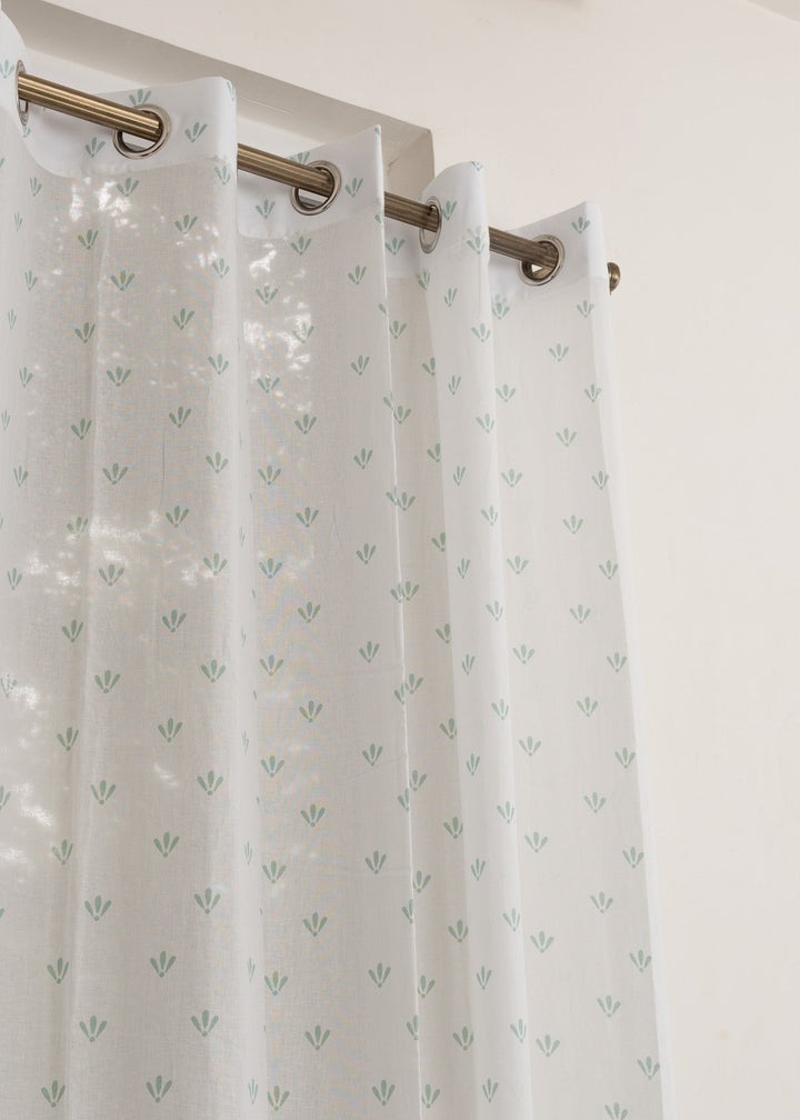 Aniseed Nile Blue 100% cotton floral sheer curtain for living room - Light filtering - Single Piece | SHOBITAM