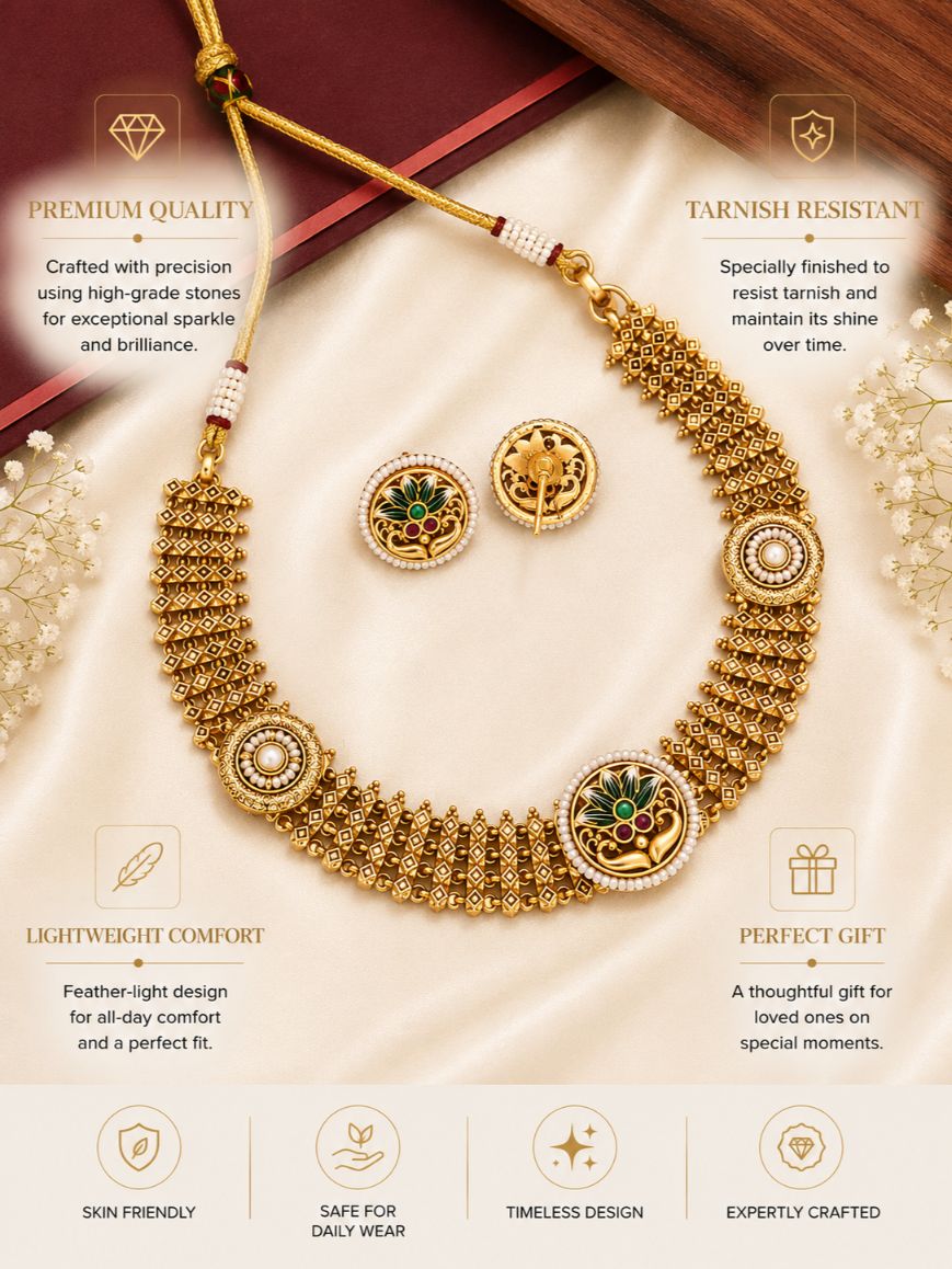 Antique Gold Plated Traditional Bridal Meena work Choker Set | SHOBITAM