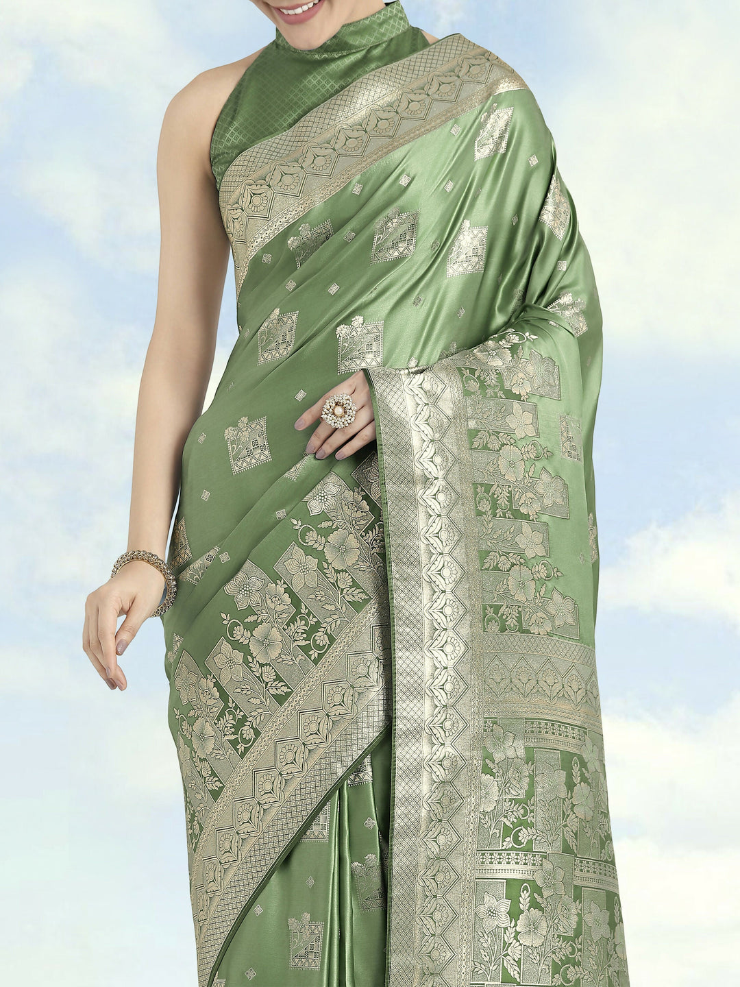 Green Color Banarasi Satin Silk Zari Weaving Saree |SHOBITAM