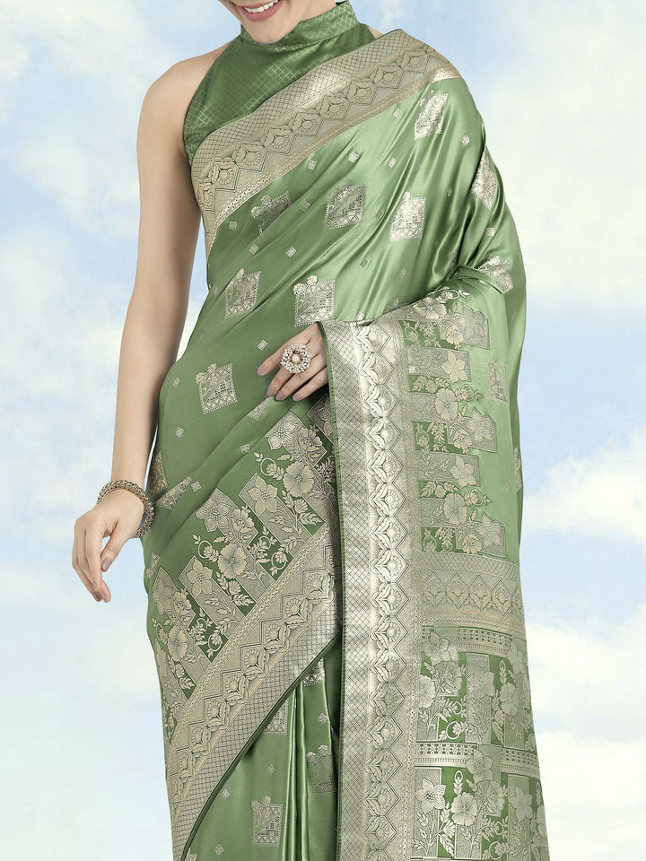 Green Color Banarasi Satin Silk Zari Weaving Saree |SHOBITAM