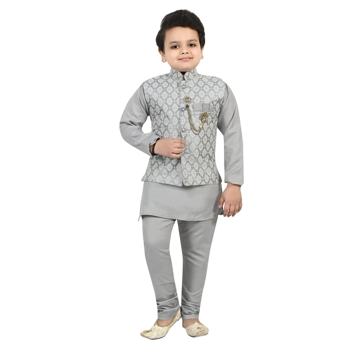 Boys Regular Jacquard Embroidery Waistcoat with Kurta Pajama Set - Grey | SHOBITAM