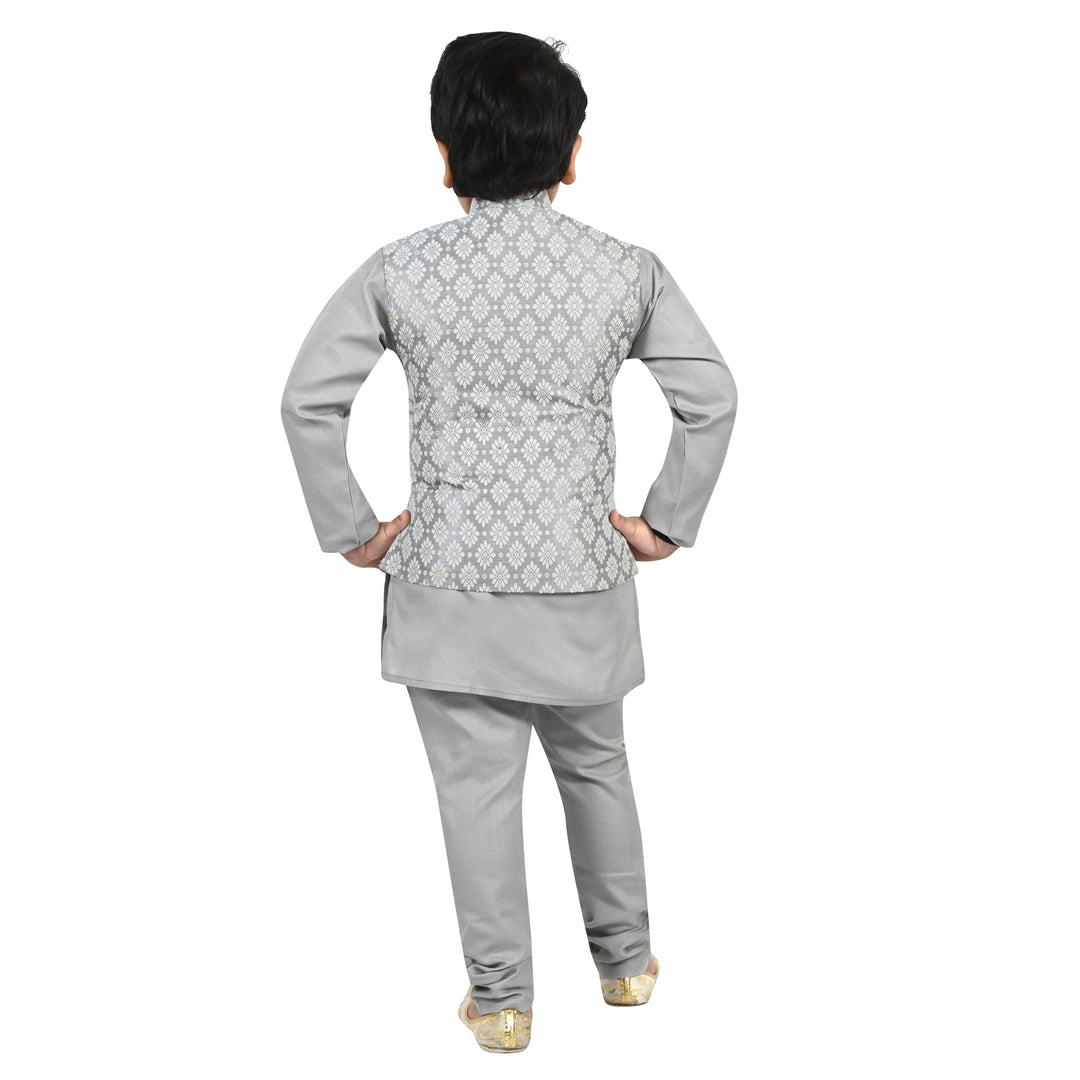 Boys Regular Jacquard Embroidery Waistcoat with Kurta Pajama Set - Grey | SHOBITAM