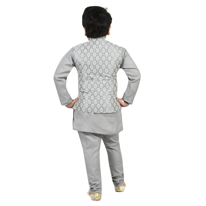 Boys Regular Jacquard Embroidery Waistcoat with Kurta Pajama Set - Grey | SHOBITAM