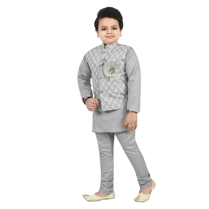 Boys Regular Jacquard Embroidery Waistcoat with Kurta Pajama Set - Grey | SHOBITAM