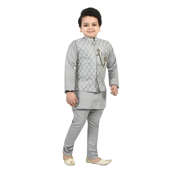 Boys Regular Jacquard Embroidery Waistcoat with Kurta Pajama Set - Grey | SHOBITAM